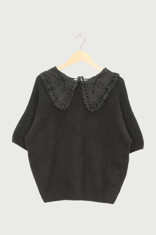 SHORT SLEEVE RUFFLE KNIT SWEATER