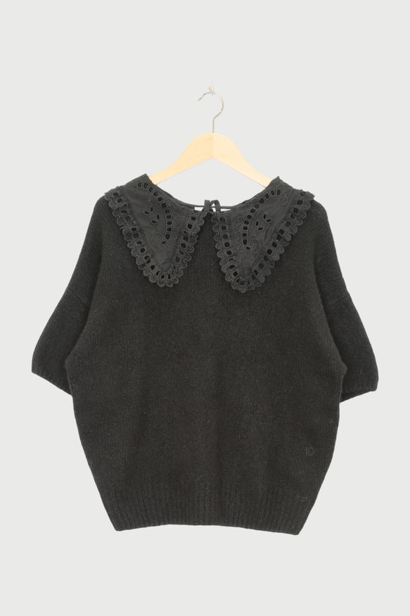 SHORT SLEEVE RUFFLE KNIT SWEATER